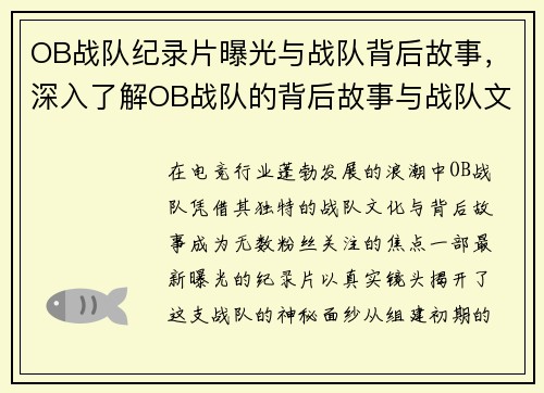 OB战队纪录片曝光与战队背后故事，深入了解OB战队的背后故事与战队文化