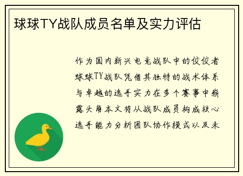 球球TY战队成员名单及实力评估
